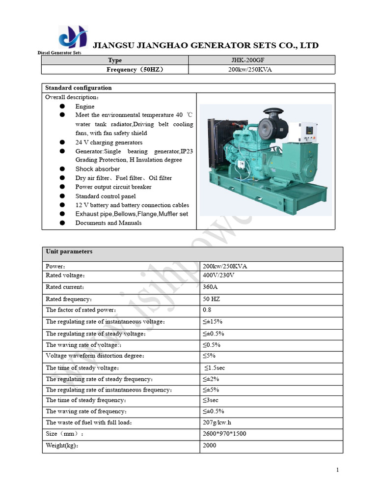 200kW Diesel Generator Specifications | PDF | Electric Generator ...