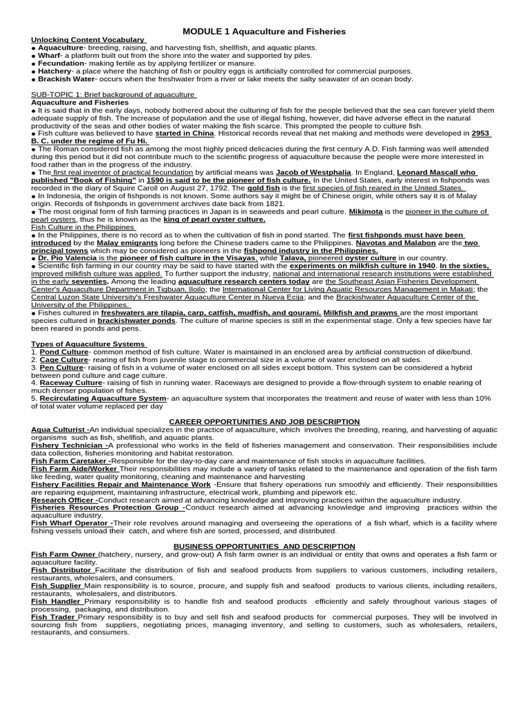 Aquaculture and Fisheries Overview | PDF | Aquaculture | Fishery