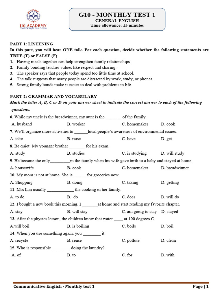 G10 - Monthly Test 1 - Handout | PDF | Family