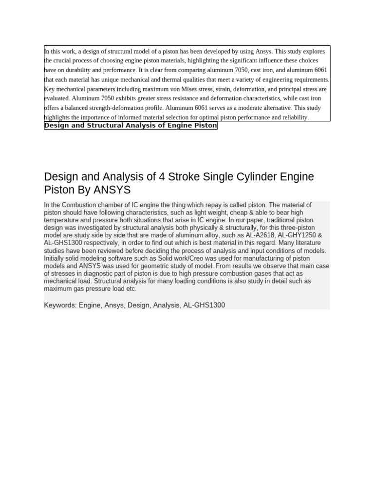 Engine Piston Design and Material Analysis | PDF