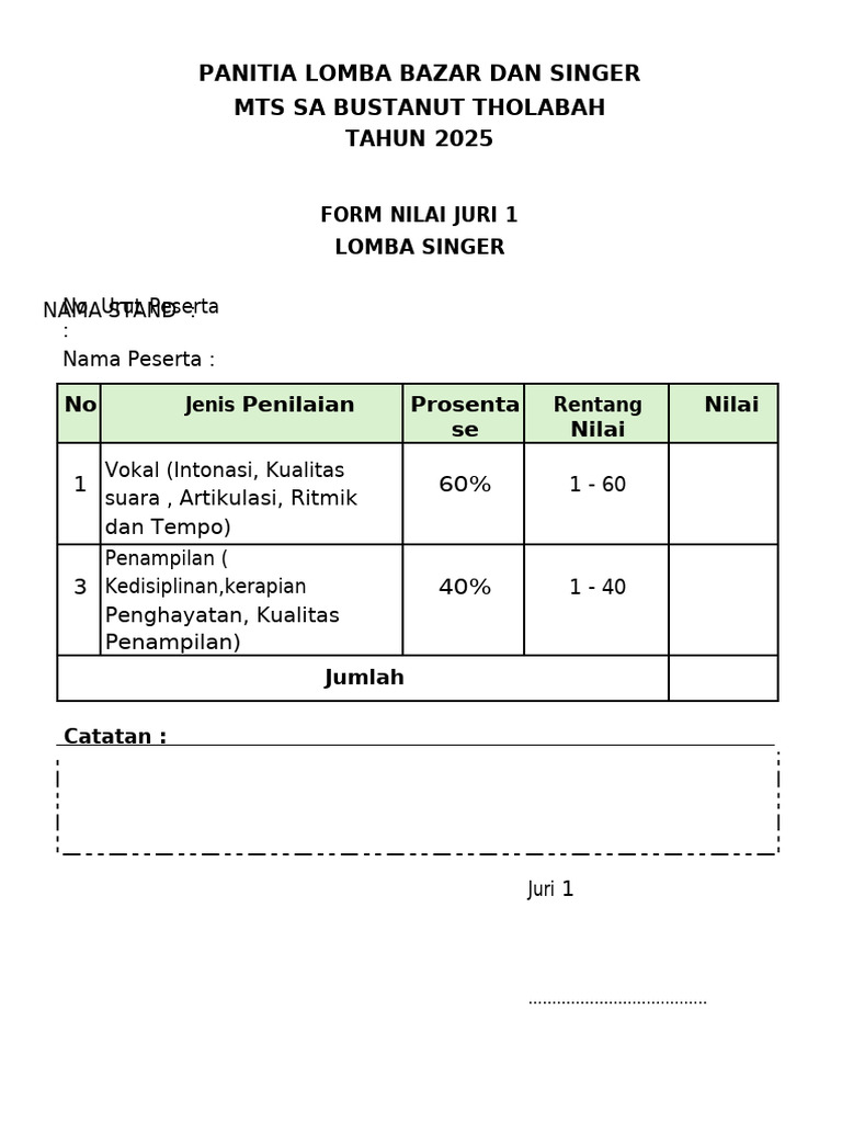 Form Nilai Lomba Singer | PDF