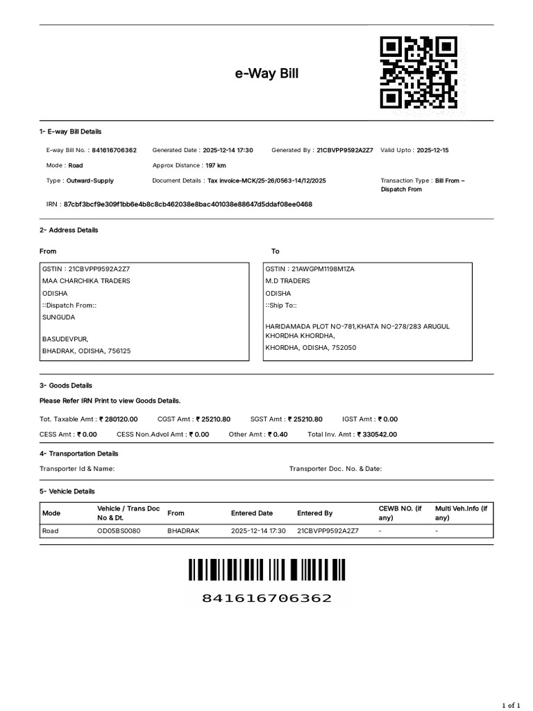 E-Way Bill Details for Odisha Shipment | PDF