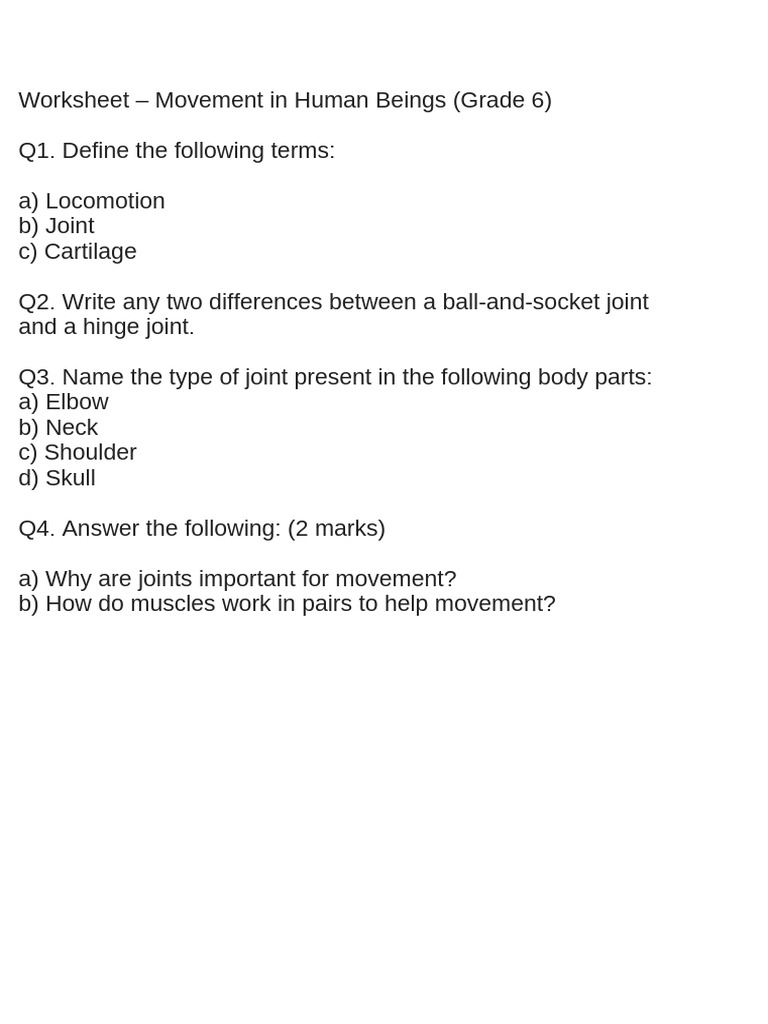 Grade 6 Movement Worksheet | PDF