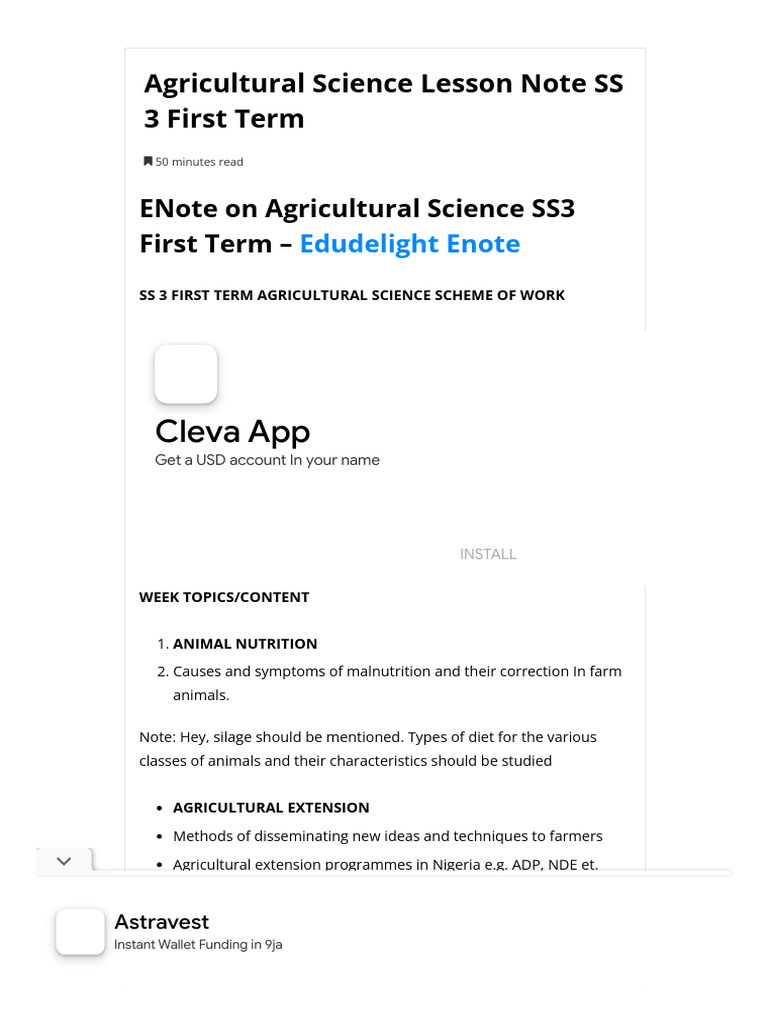 Agricultural Science SS3 Lesson Notes | PDF | Vitamin | Foods