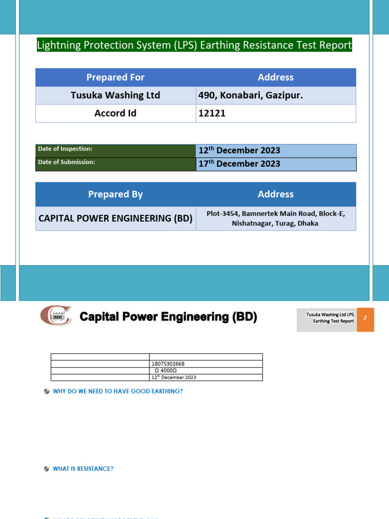 LPS Earthing Resistance Test Report | PDF | Electrical Equipment ...