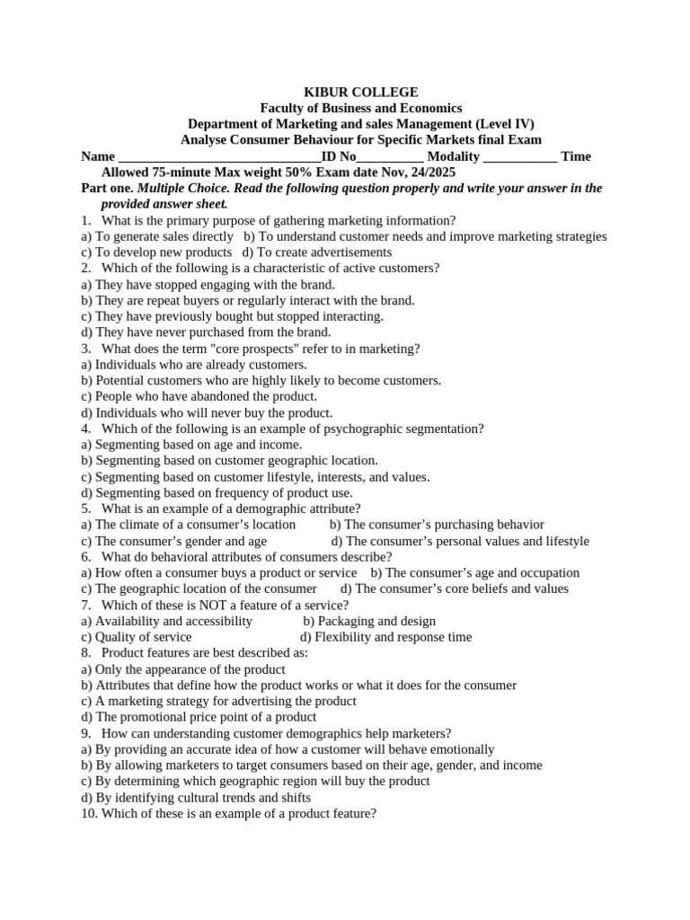 Consumer Behavior Exam for Marketing Students | PDF | Marketing ...