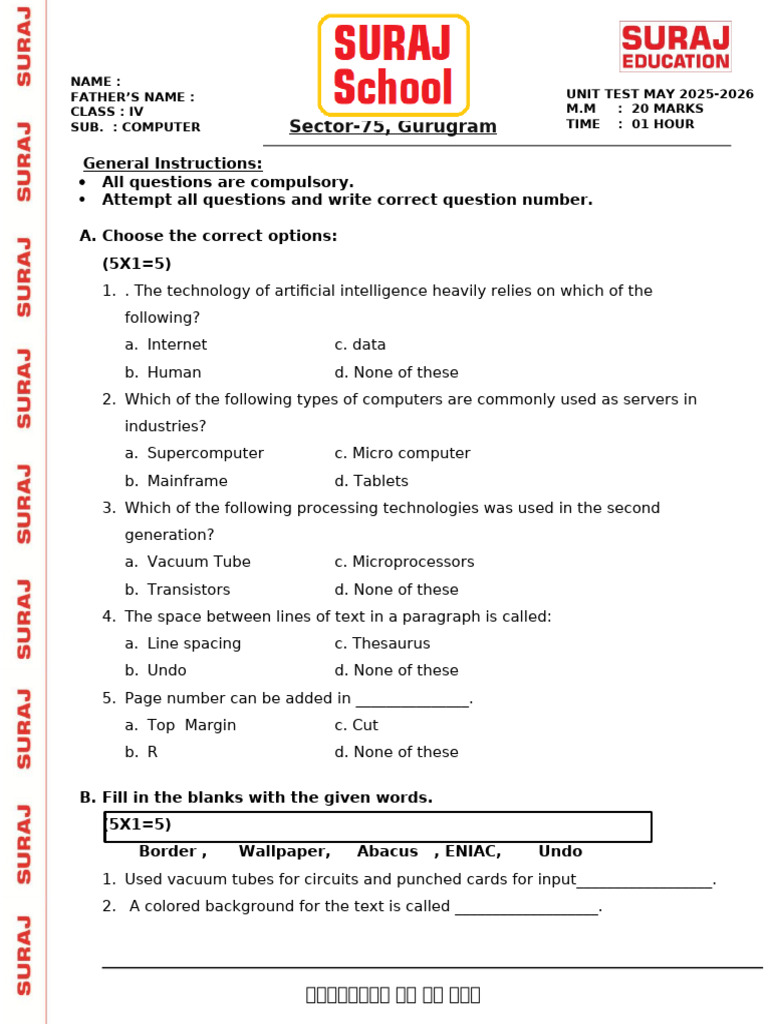 Computer Unit Test for Class IV | PDF