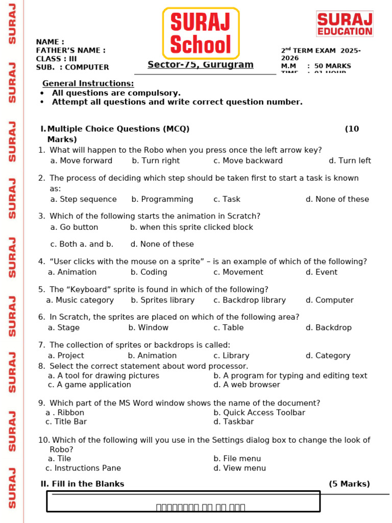 Computer Exam Questions for Class III | PDF | Microsoft Word | Scratch ...