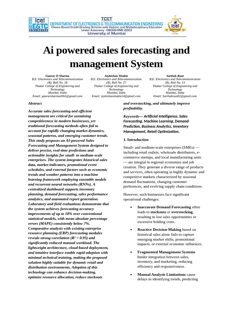 AI Sales Forecasting System for SMEs | PDF | Forecasting | Machine Learning