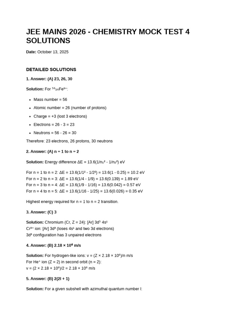 JEE MAINS 2026 Chemistry Mock Test 4 Solutions | PDF | Mole (Unit ...