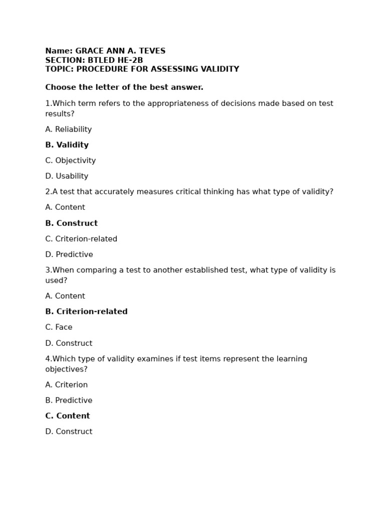 Validity Assessment Procedure Quiz | PDF | Validity (Statistics ...