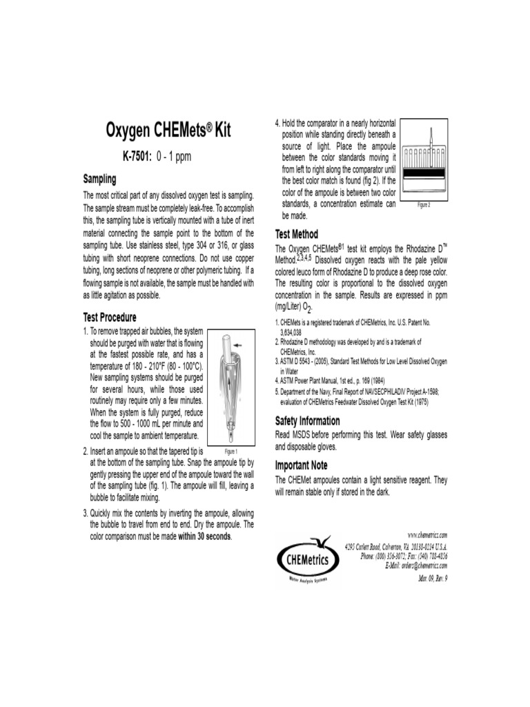 Dissolved Oxygen Testing with CHEMets® Kit | PDF | Materials