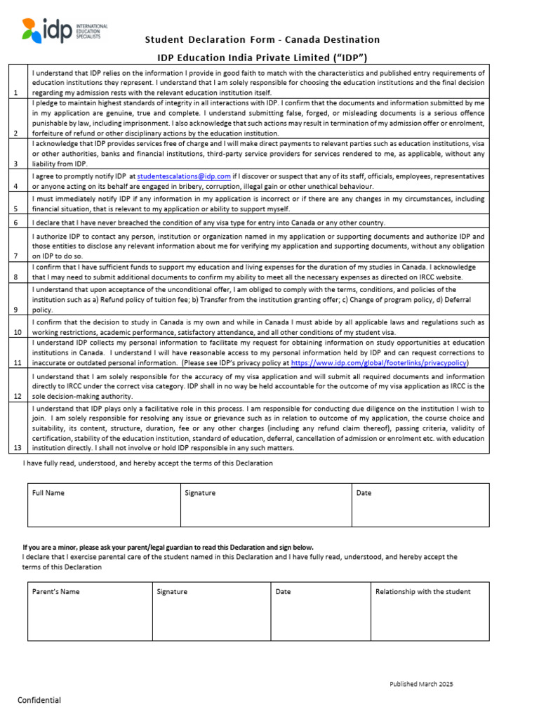 Student Declaration Form for Canada | PDF | Travel Visa | Common Law