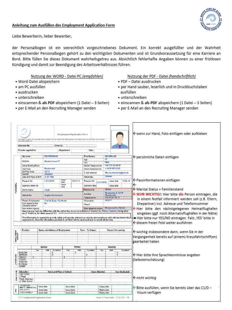 Anleitung Zum Ausfüllen Des Employment Application Form | PDF