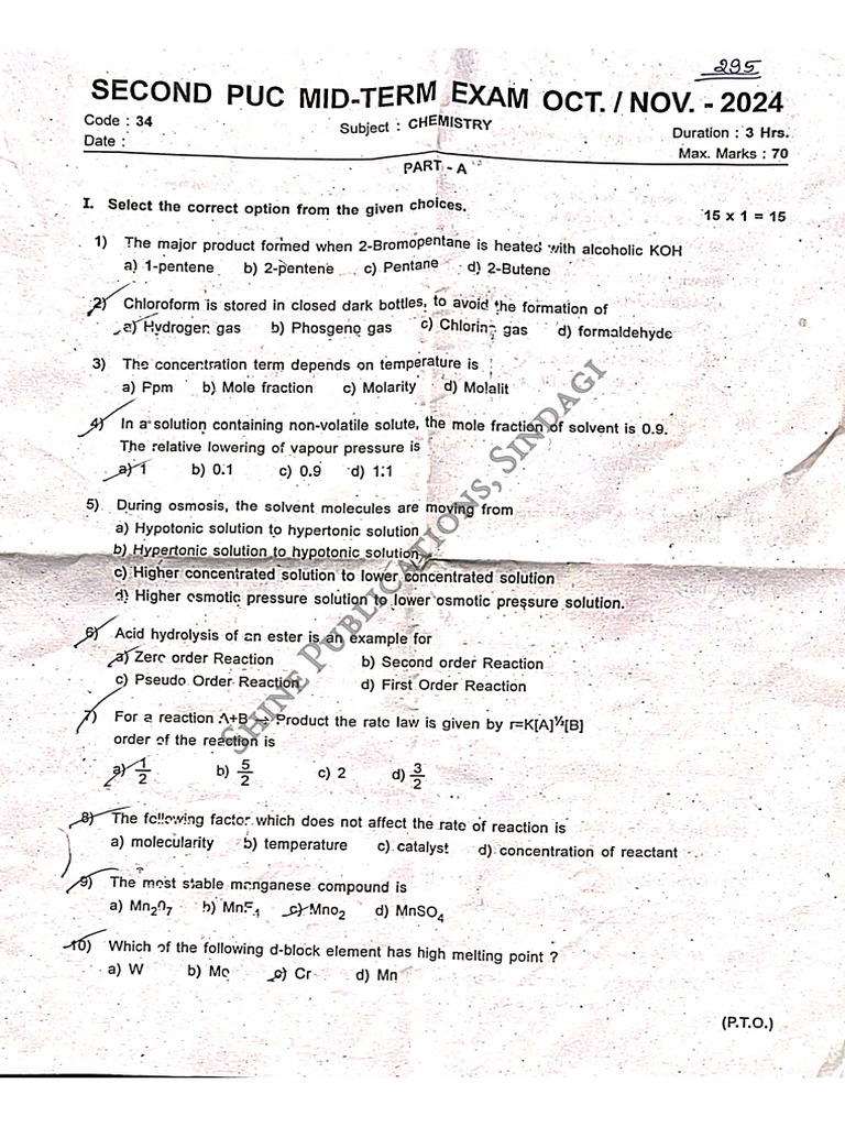 Chemistry - Misterm - Question Papers - 2024 | PDF