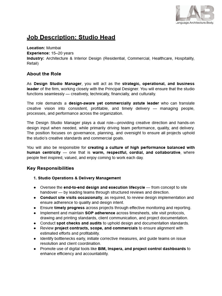Studio Head Job Description - Mumbai | PDF