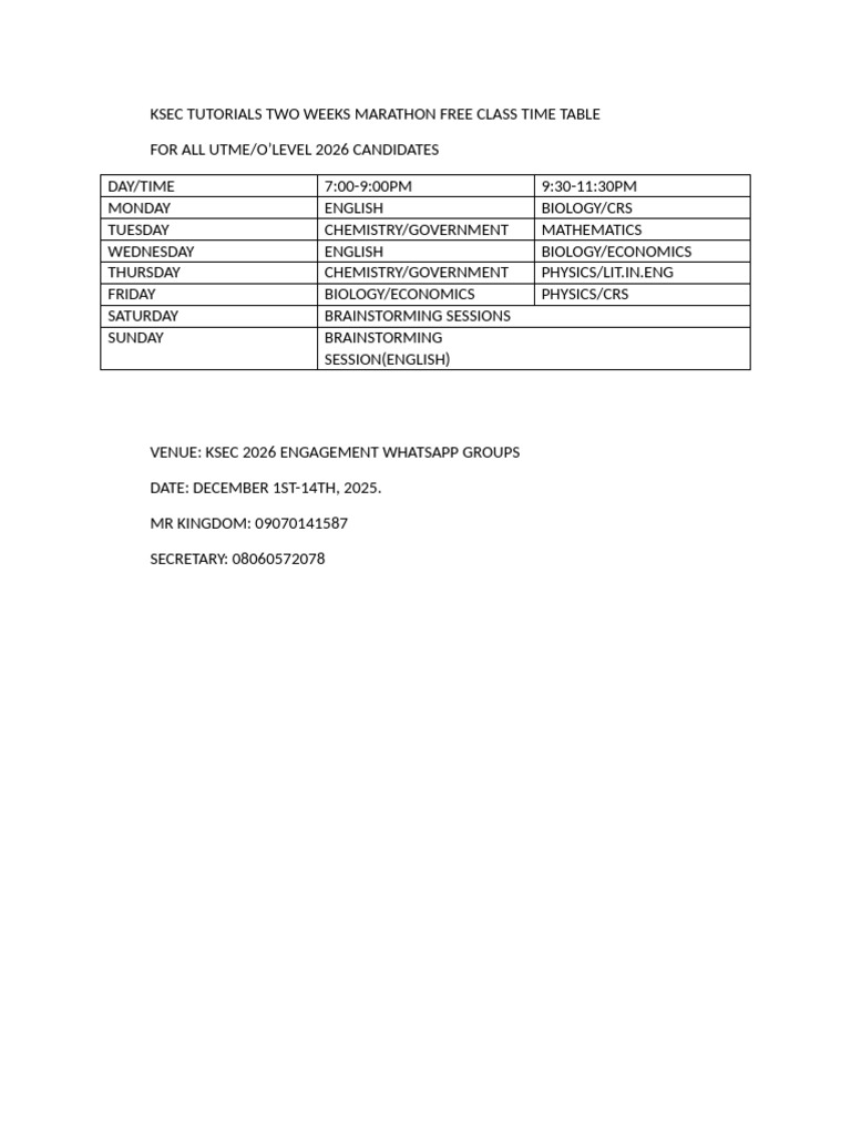 Ksec Time Table For Engagement | PDF