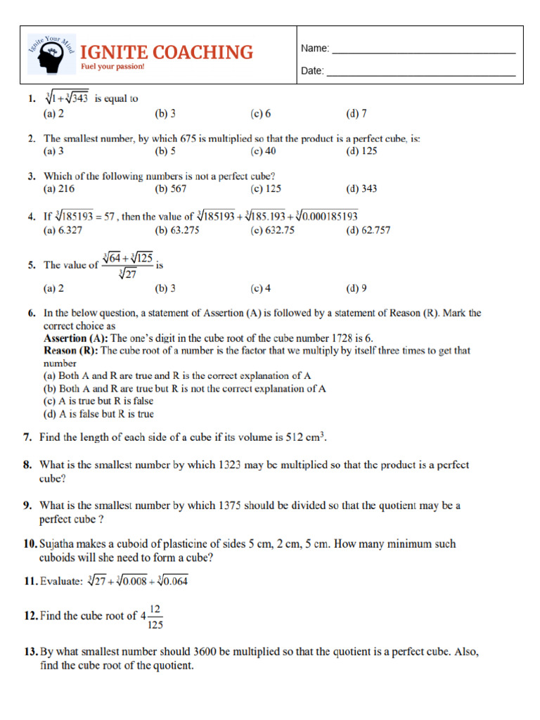 Practice Worksheet - Cube & Cube Roots - 14.10.2025 | PDF