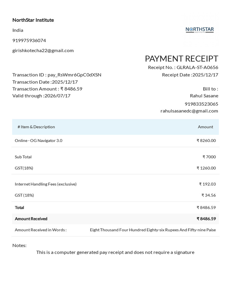 Payment Receipt for Online Course | PDF