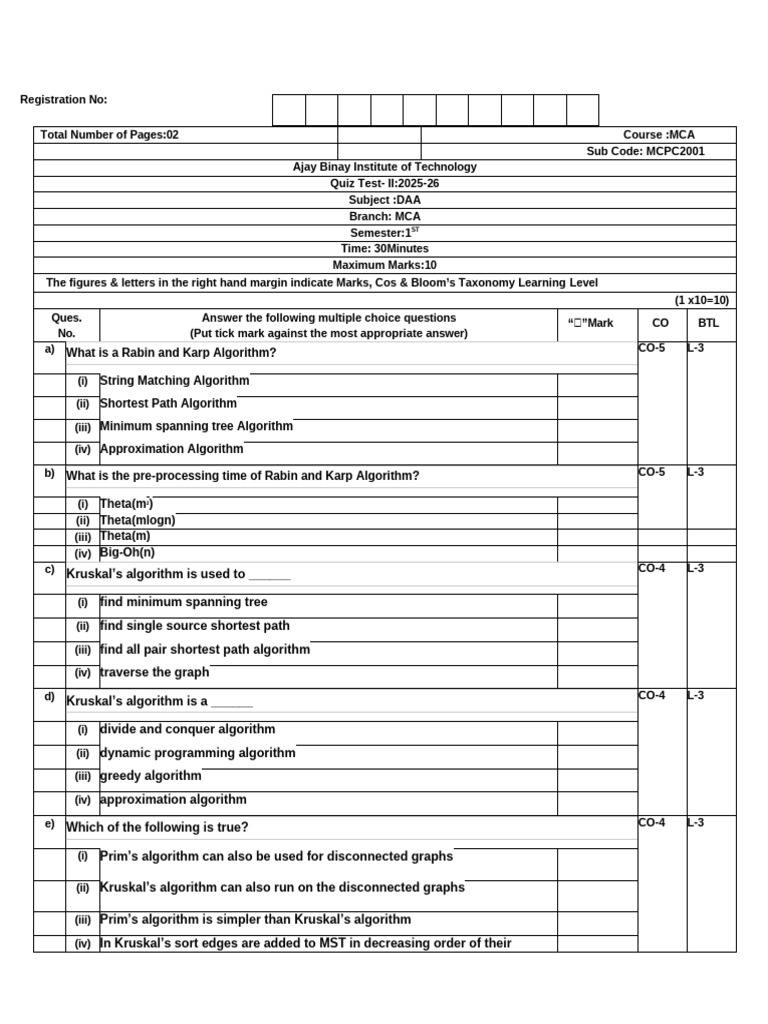 MCA DAA Quiz Test II 2025-26 | PDF | Computational Complexity Theory ...