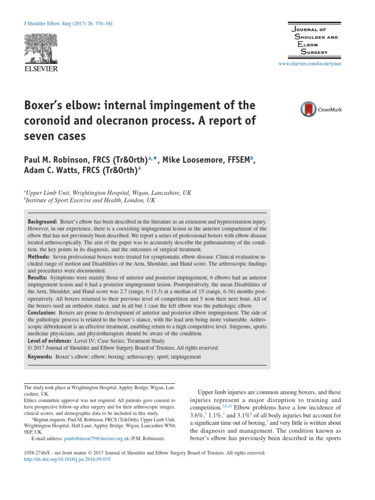 Boxer's Elbow - Internal Impingement of The Coronoid and Olecranon ...