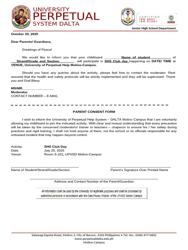 SHS Club Day Parent Consent Form | PDF