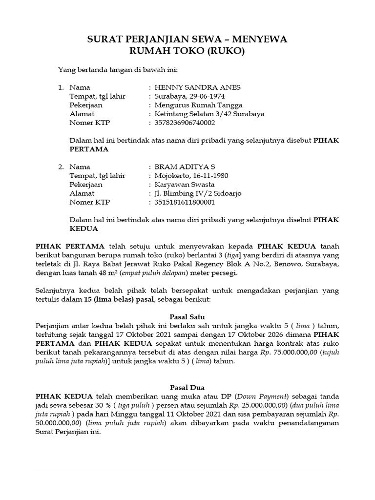 Perjanjian Sewa Ruko Surabaya 2022-2026 | PDF