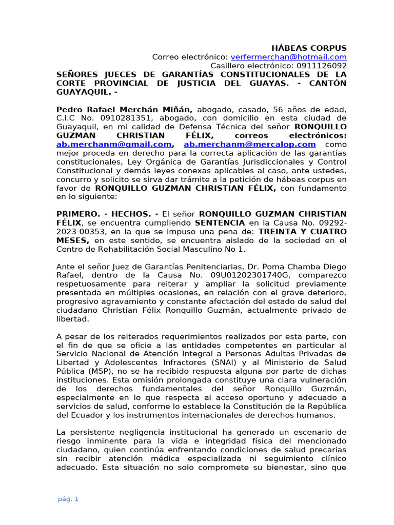 Solicitud de Hábeas Corpus en Guayaquil | PDF | Habeas corpus | Justicia