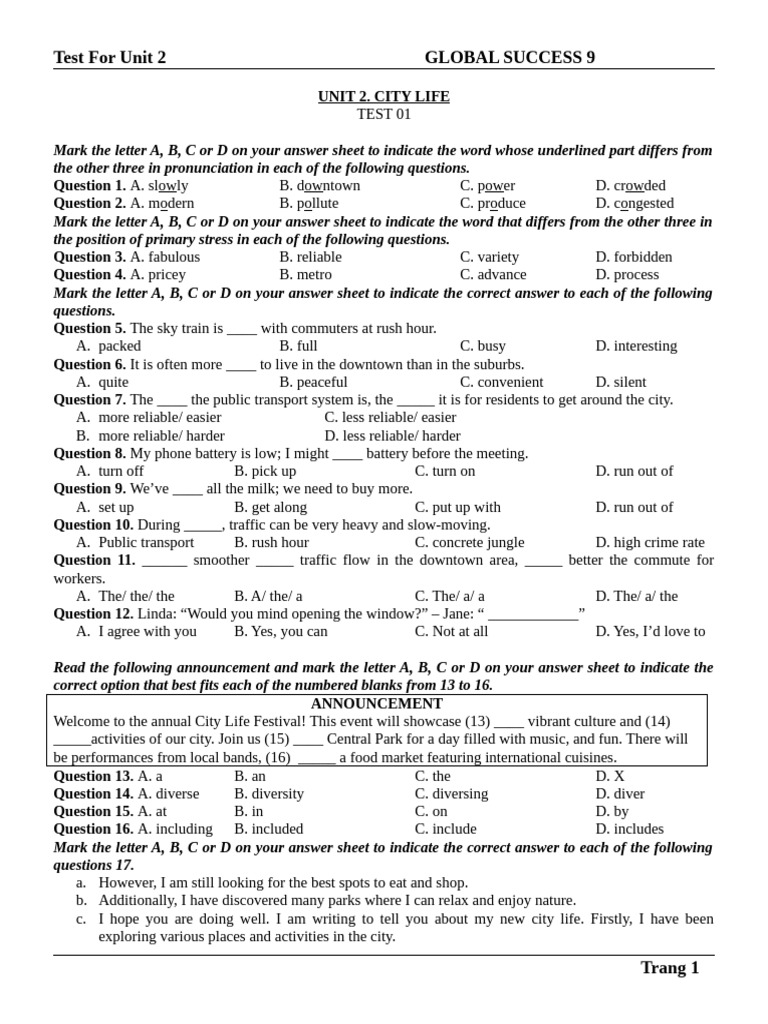 TEST FOR UNIT 2 - GS 9 - HS | PDF | Cost Of Living | Public Transport