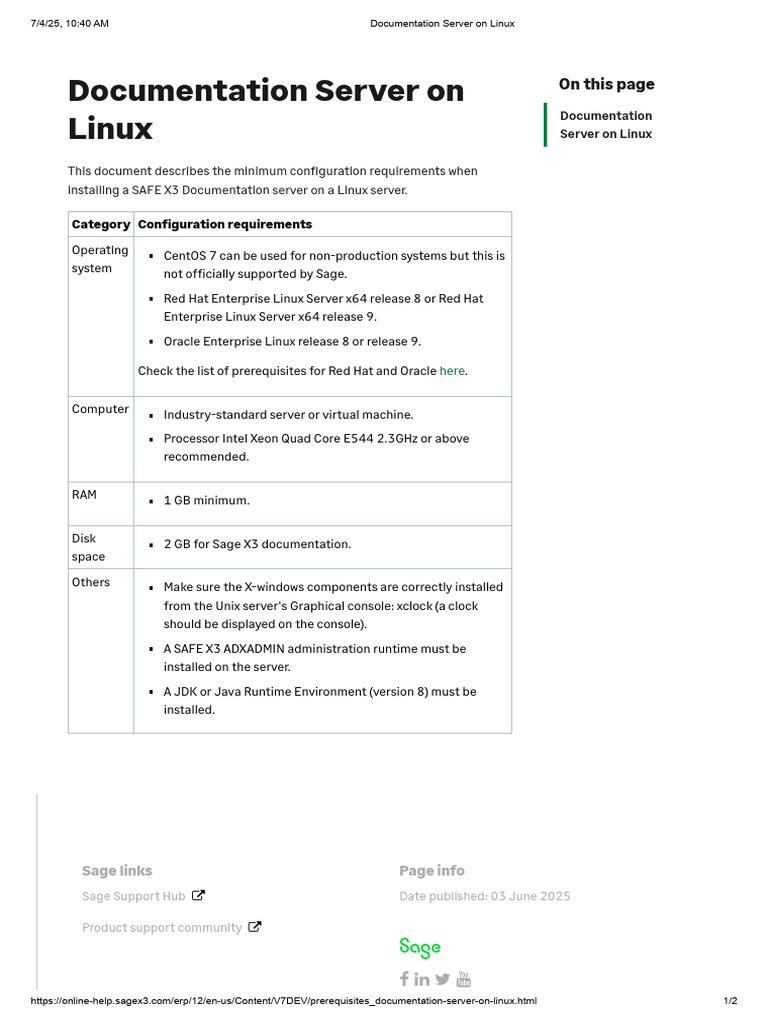 Sage X3 Linux Server Requirements | PDF | Linux | Computer Architecture