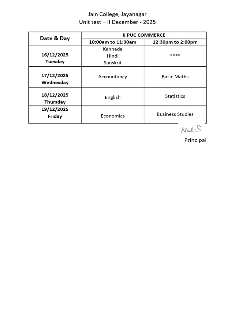 Jain College II PUC Commerce Exam Schedule | PDF
