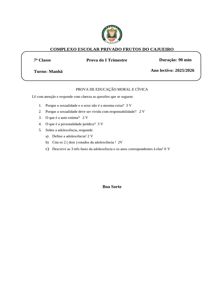 Provas De Educa o Moral E C vica 2025 2026 PDF Adolesc ncia 