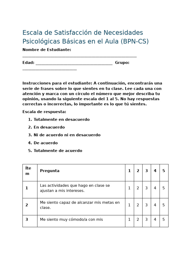 The Basic Psychological Needs in The Classroom Scale (BPN-CS) | PDF ...
