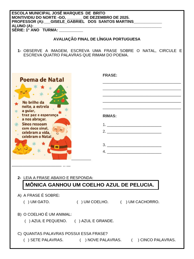 Avaliação de Língua Portuguesa 1º Ano | PDF