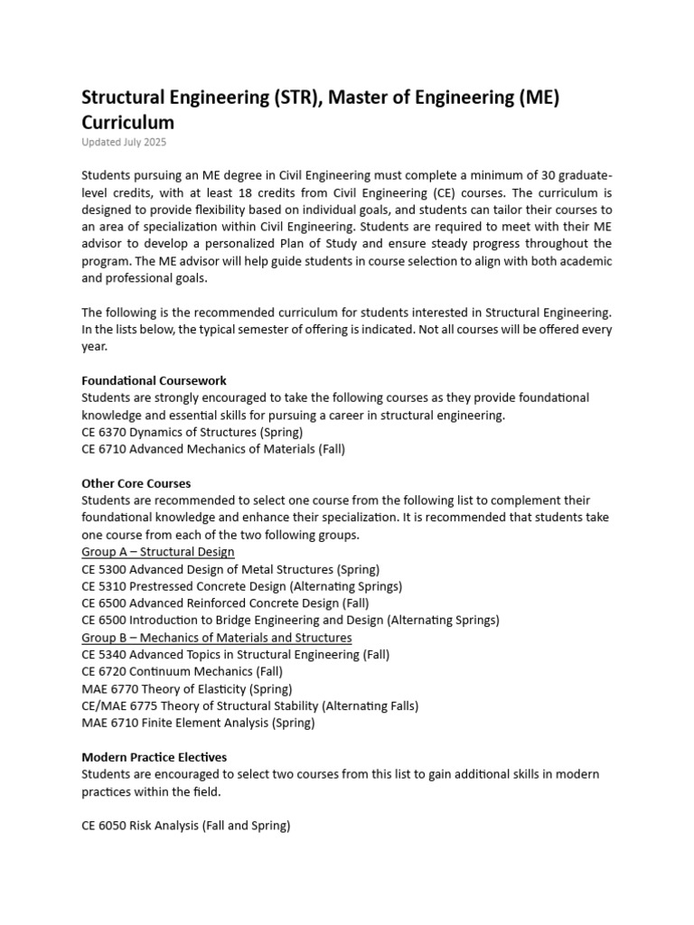 CE ME STR Curriculum 2025 | PDF | Curriculum | Structural Engineering