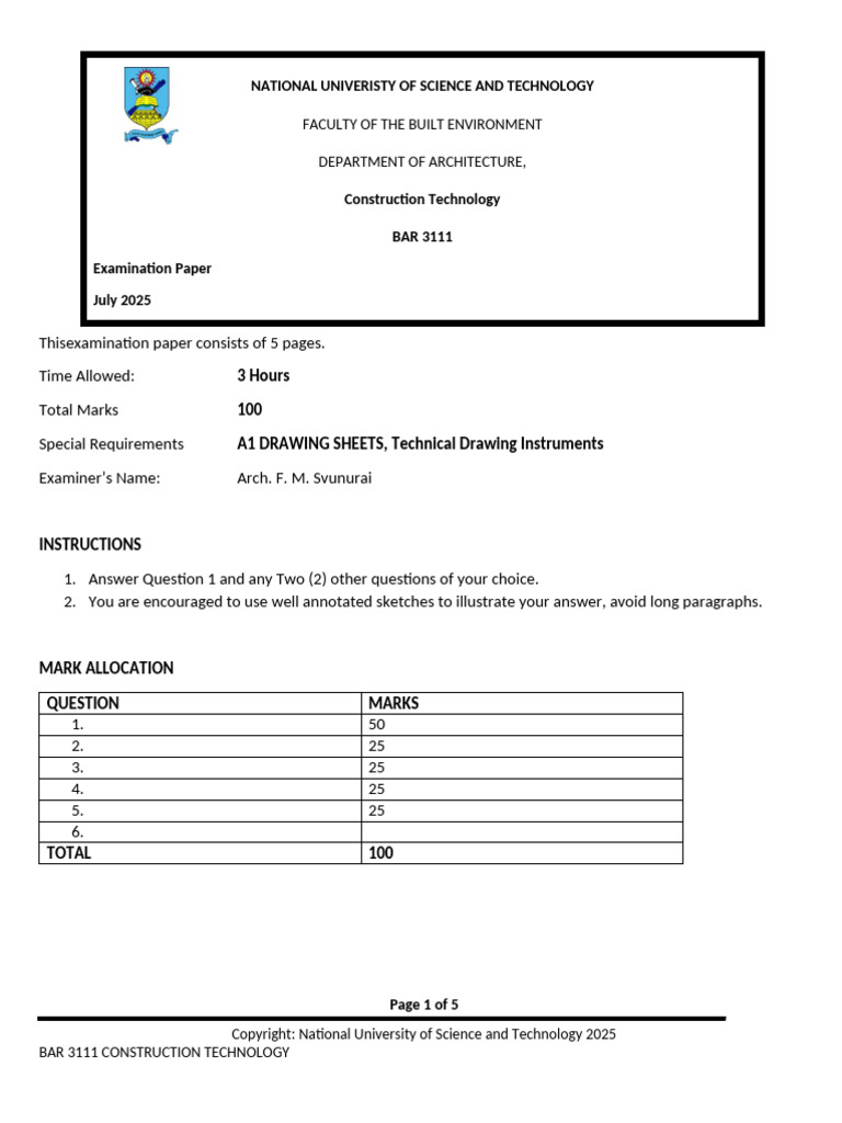 BAR 3111 Construction Technology Exam | PDF | Wall | Building