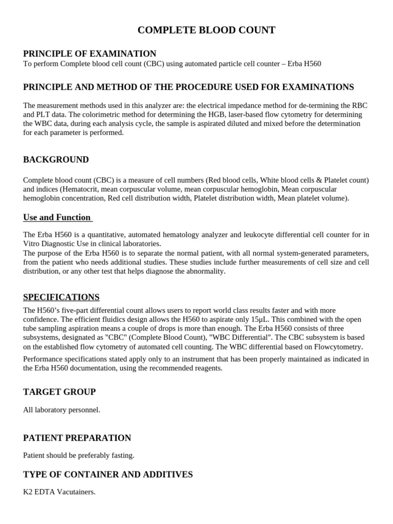 Complete Blood Count Procedure Guide | PDF | Blood | Body Fluids