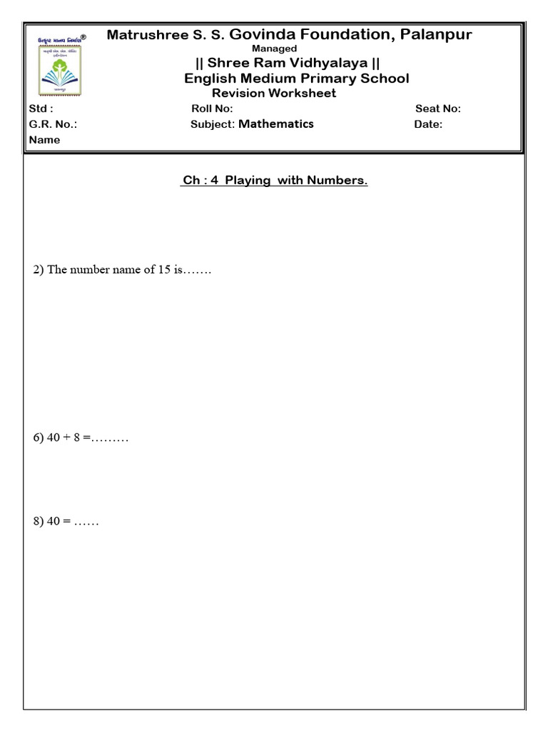 Std 1 Mathematics Revision Worksheet | PDF