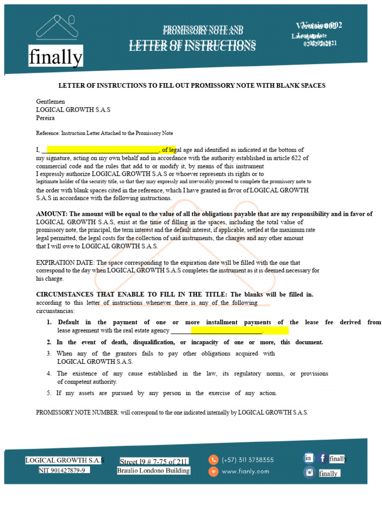 Promissory Note Instructions Template | PDF | Promissory Note | Interest