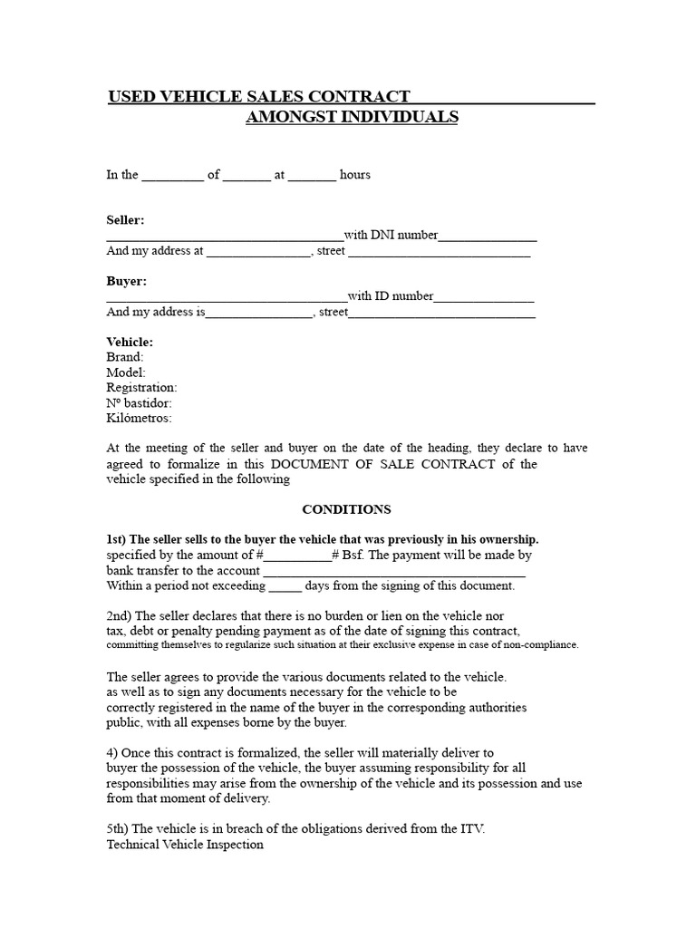 Used Vehicle Sales Contract Template | PDF
