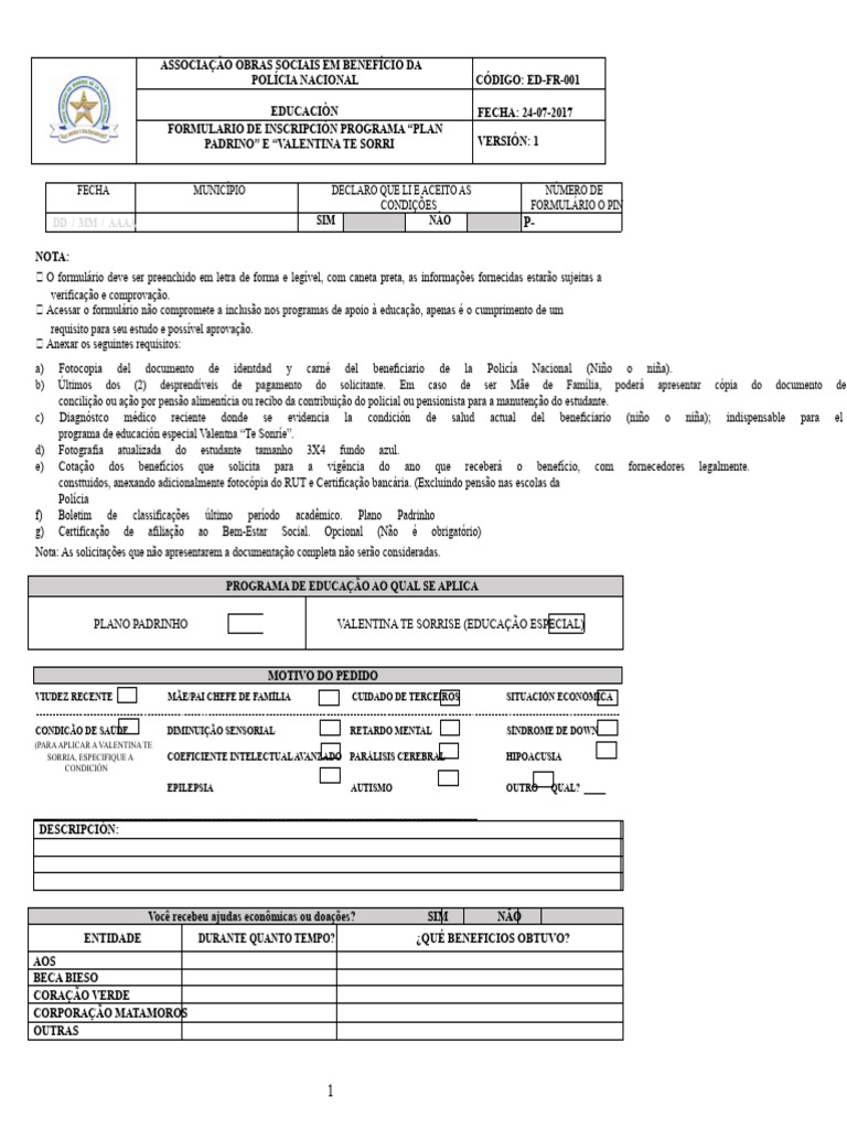 ED-FR-001 FORMULÁRIO DE INSCRIÇÃO PLANO PADRINHO E VALENTINA SORRI PARA ...