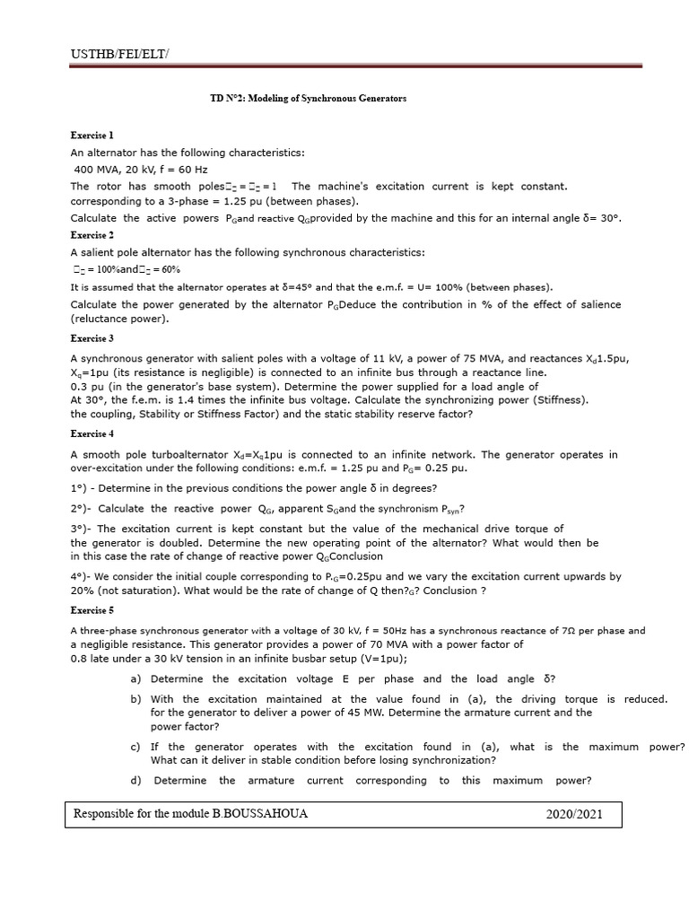 Synchronous Generator Modeling Exercises | PDF | Electric Generator ...