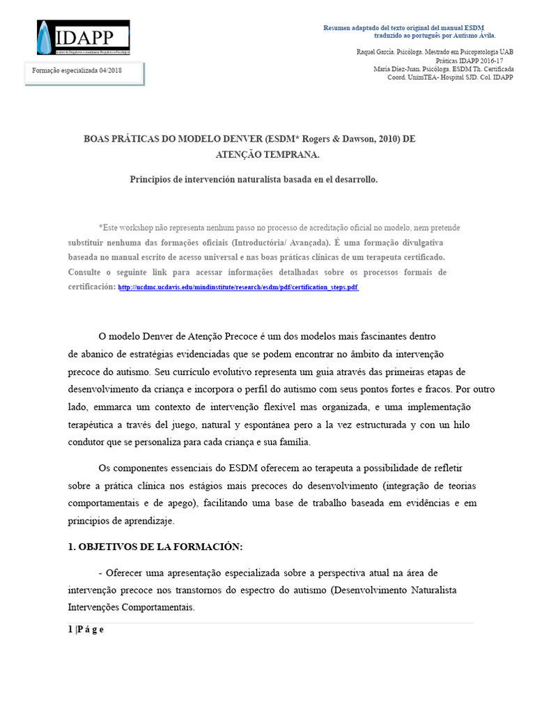 Boas Práticas do Modelo Denver ESDM | PDF | Autismo | Psicologia