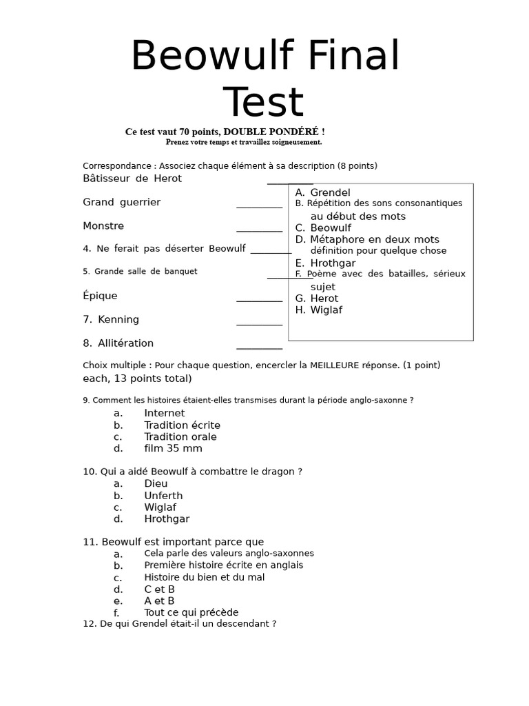 Test sur Beowulf : Analyse et Questions | PDF | Beowulf