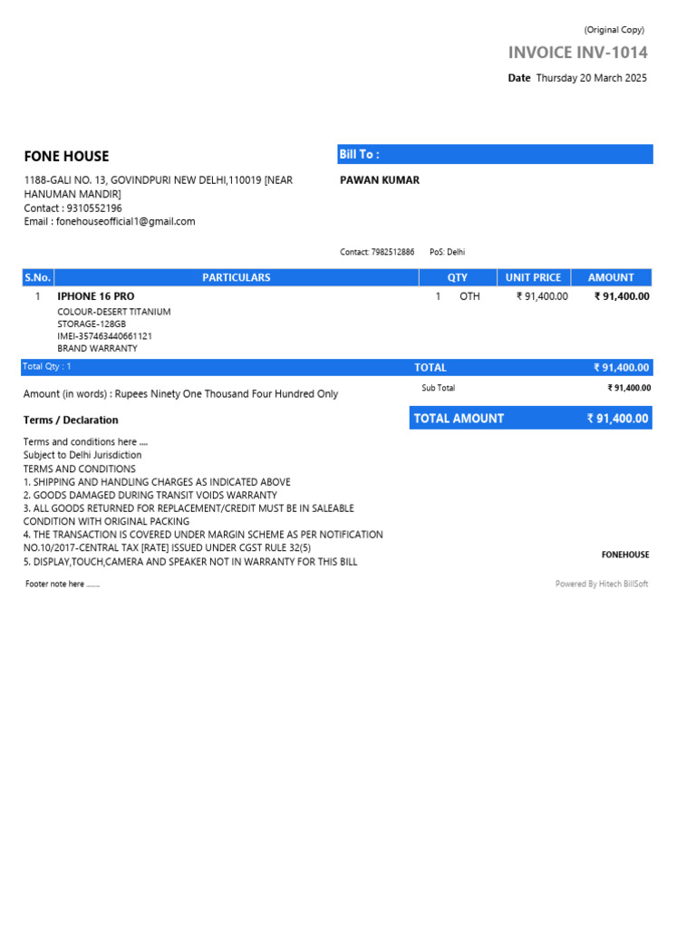 Invoice for iPhone 16 Pro Purchase | PDF