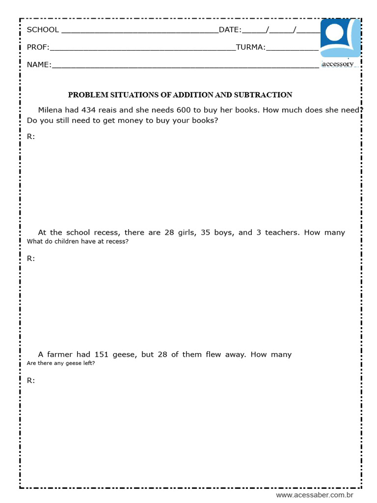 Math Activity Problem Situations of Addition and Subtraction 3rd Grade ...