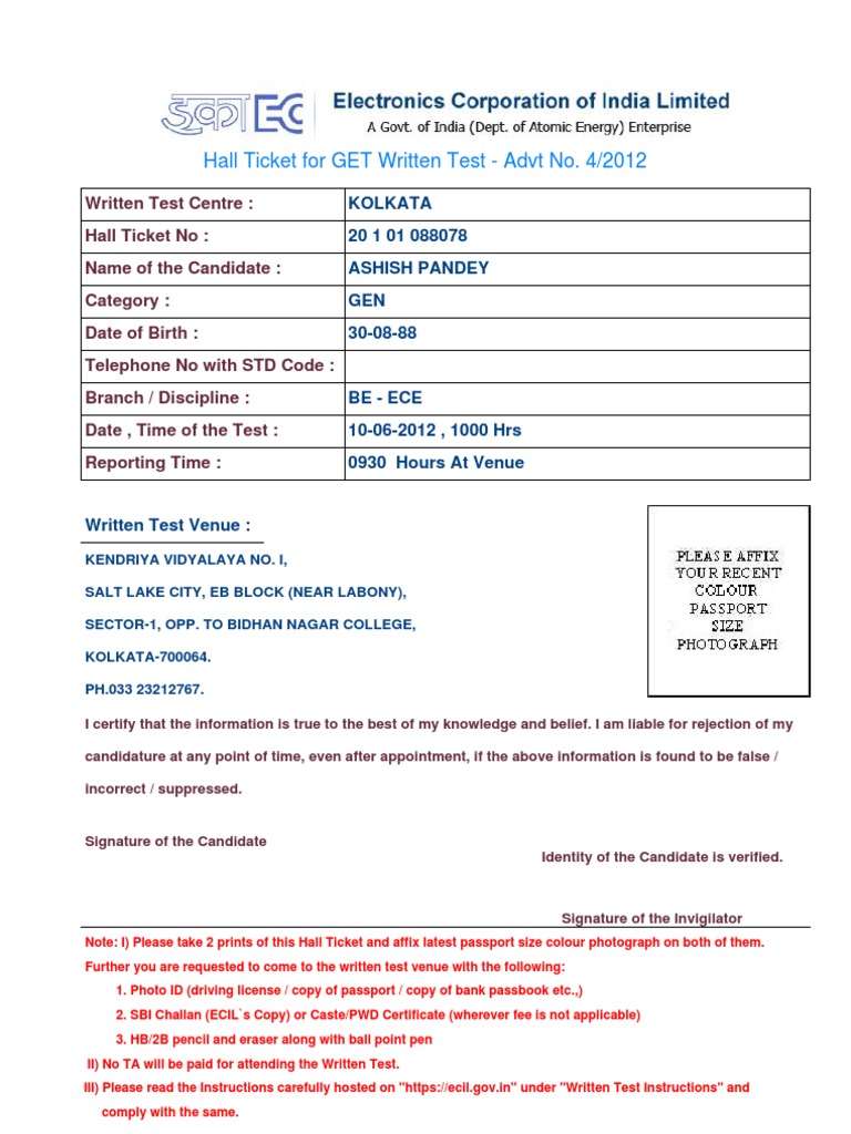 ECIL Hall Ticket for GET Test | PDF | Government And Personhood | Document