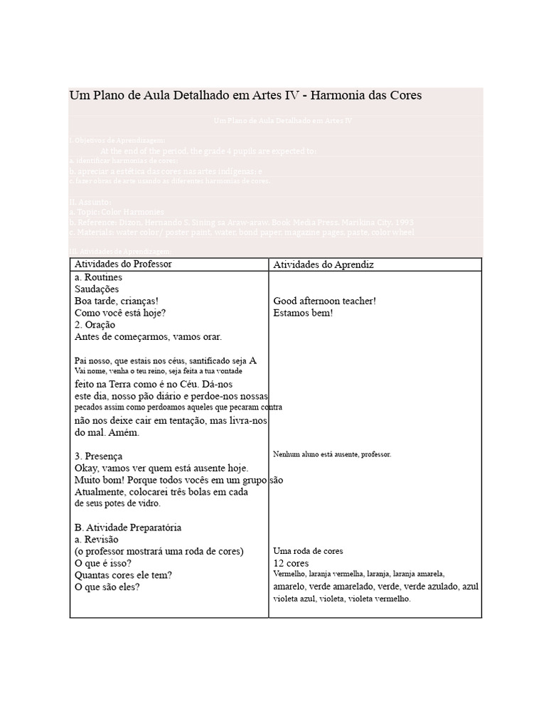 Um Plano de Aula Detalhado em Artes IV | PDF | Cor | Vermelho