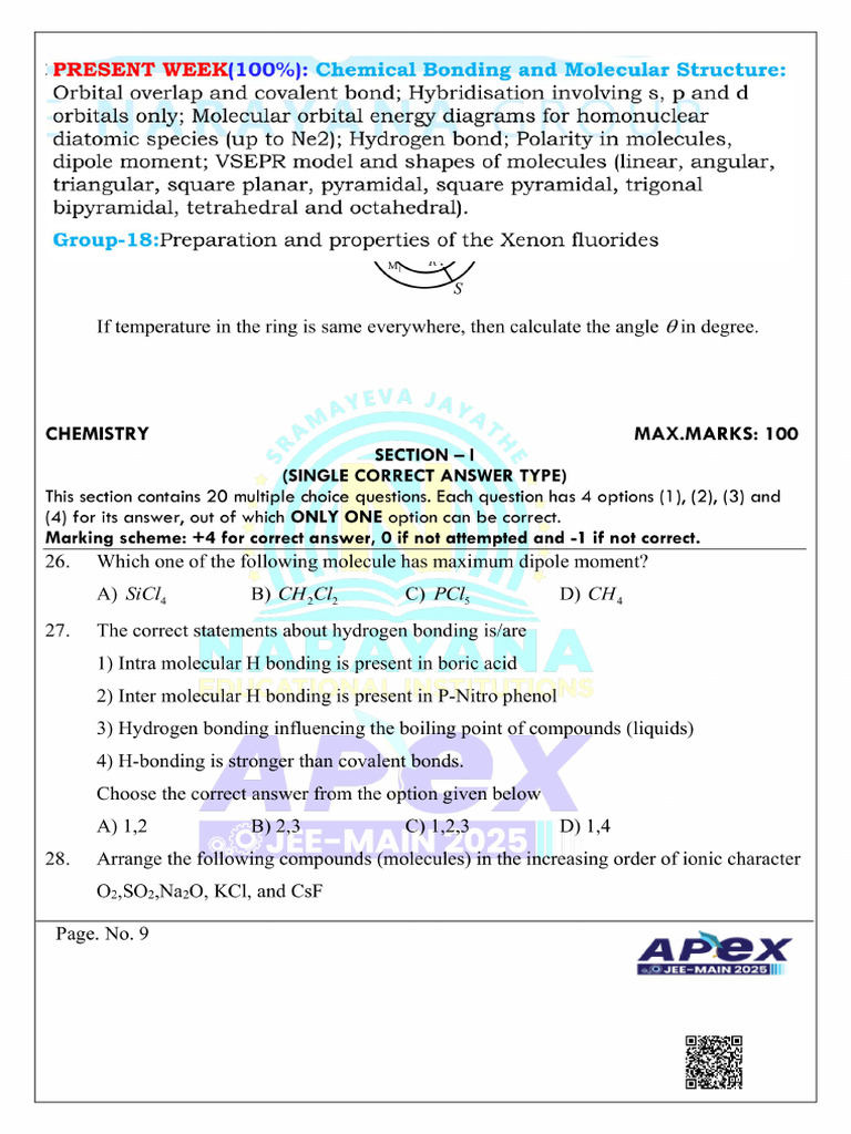 JEE Main Physics and Chemistry Questions | PDF | Chemical Bond ...
