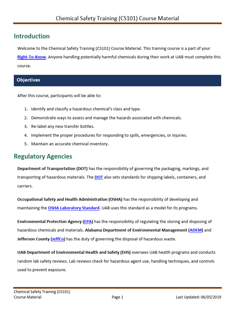 Chemical Safety Training Course Overview | PDF | Occupational Safety ...
